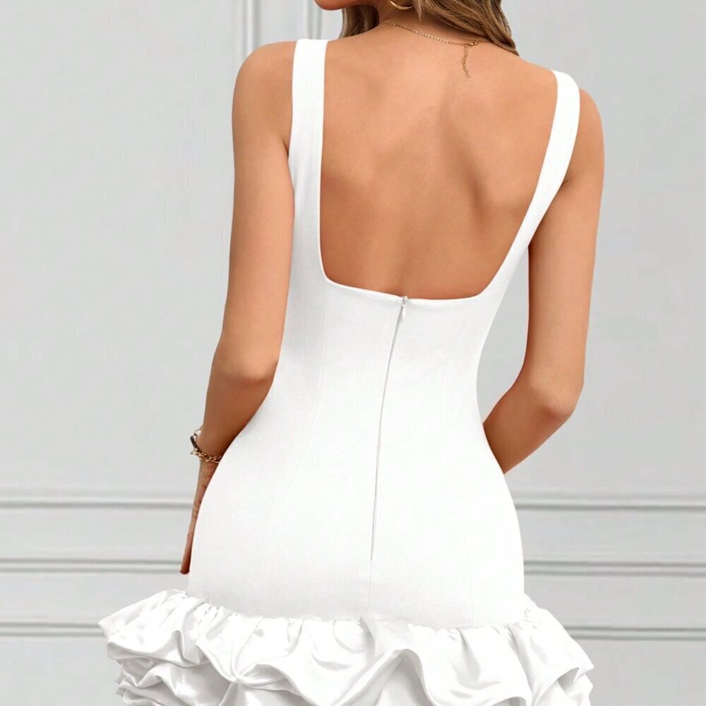 White Casual Women's Round Neck Sleeveless Ruffle Hem Elegant Short Dress - Picture 3 of 4